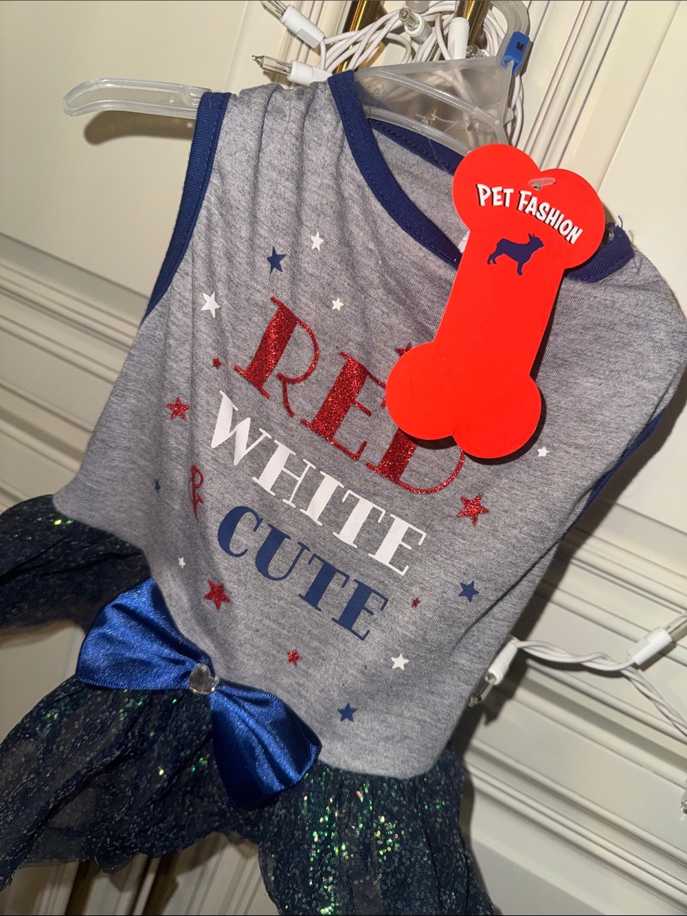 NWT. Dogs' Grey 'Red White Cute' Dress with Blue Bow